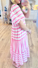 Pink Stripe Bubble Sleeve Midi Dress