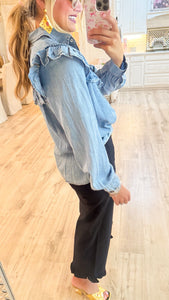 Denim Ruffle Button Up Top