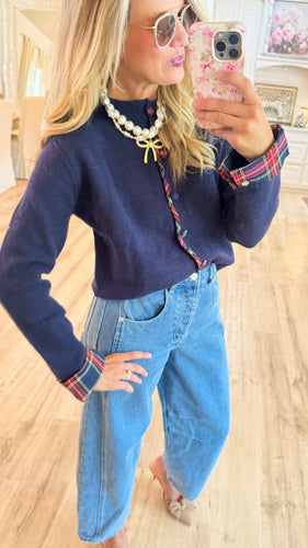 Navy Plaid Trimmed Cardigan