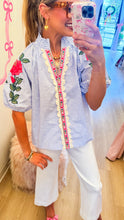 THML Blue Striped Puff Sleeve Top