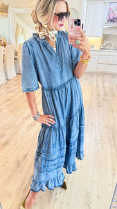Deal of the Day Washed Denim Tiered Maxi Dress