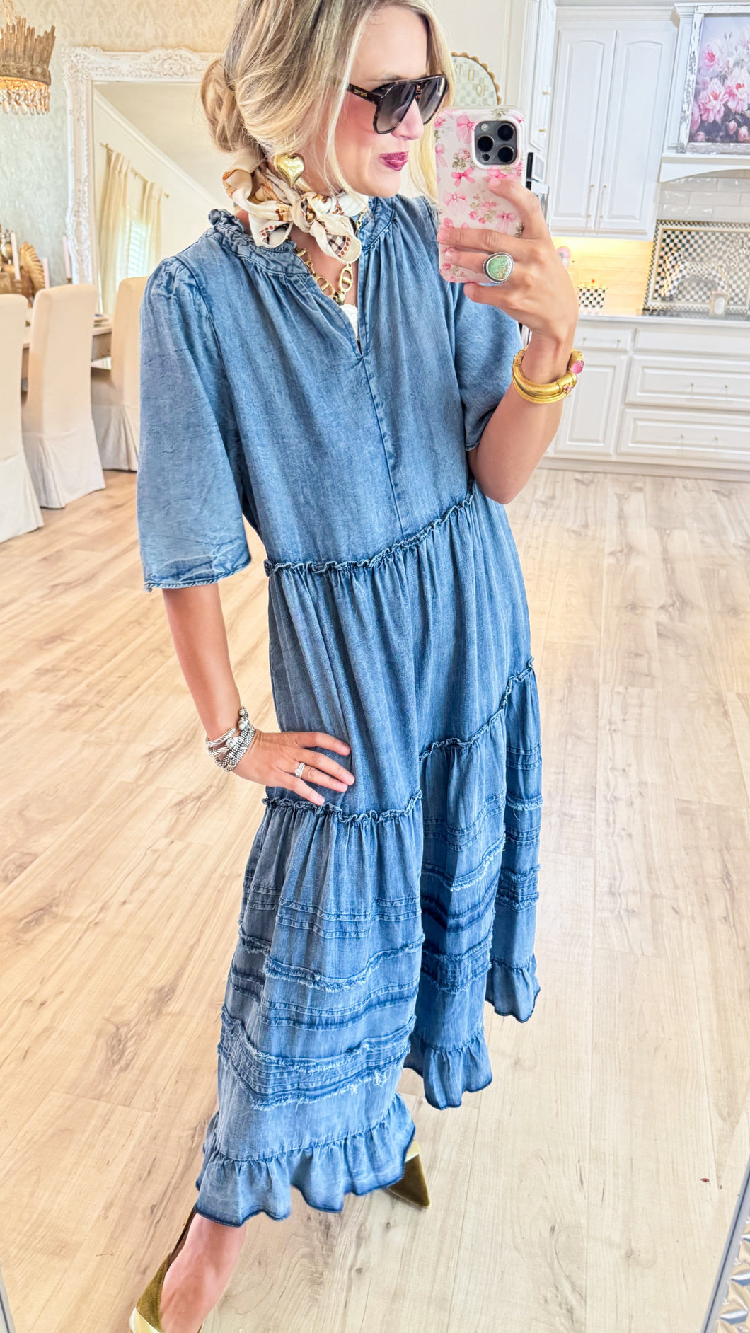 Deal of the Day Washed Denim Tiered Maxi Dress