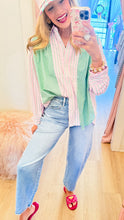 Pink and Green Stripe Button Up Top