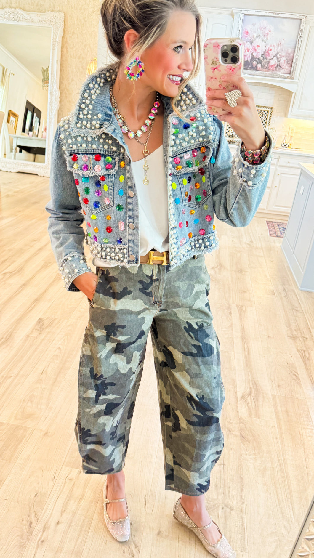 Denim Multi Stone and Pearl Detailed Jacket