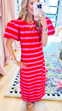 Red and Pink Stripe Puff Sleeve Maxi Dress