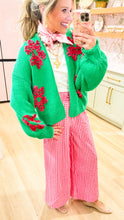 Green and Pink Flower Knit Cardigan
