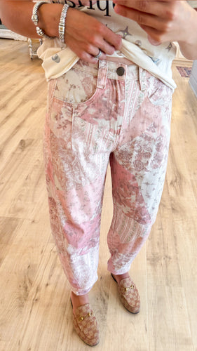 Vintage Rose Patchwork Barrel Jeans