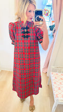 Red Tartan Plaid Puff Sleeve Midi Dress