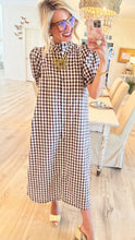 Brown Gingham Ruffle Neck Midi Dress