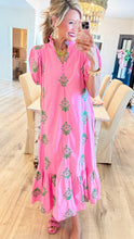Pink and Green Botanical Embroidered Midi Dress