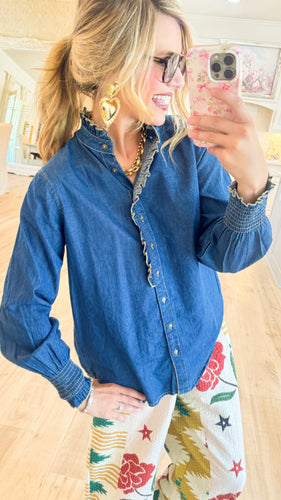 Denim Ruffle Button Up Top