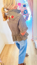 Brown Houndstooth Embroidered Ruffle Hem Top