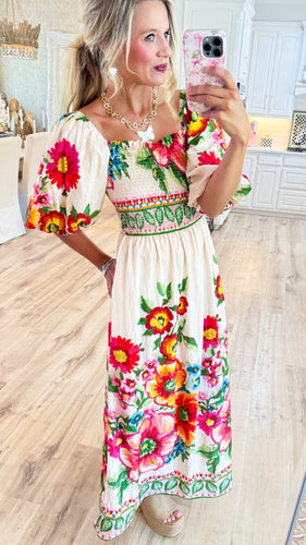 Ecru Multi Giant Floral Border Printed Maxi Dress