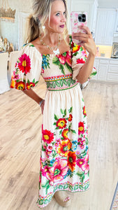Ecru Multi Giant Floral Border Printed Maxi Dress
