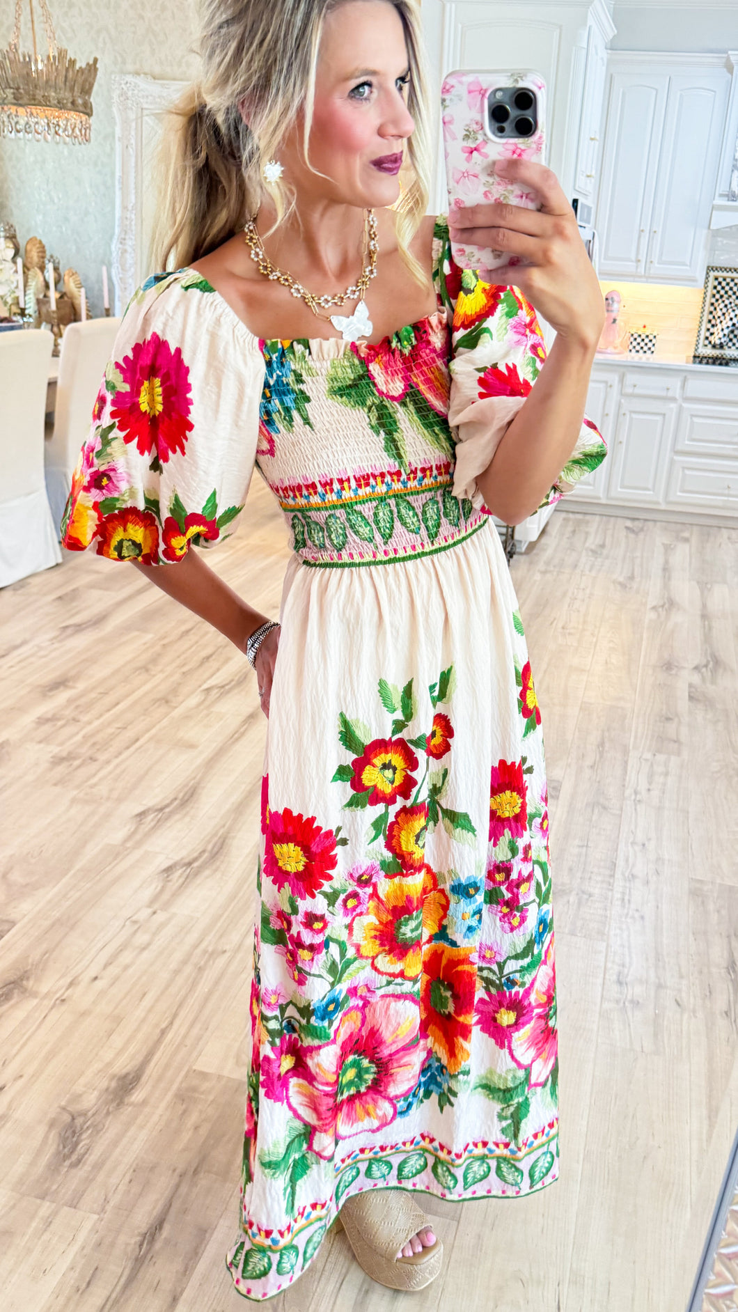 Ecru Multi Giant Floral Border Printed Maxi Dress
