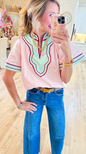 THML Pink and Blue Wide Sleeve V Neck Top