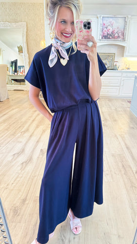 Navy Loose Fit Pleated Wide Leg Pant Set