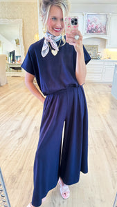 Navy Loose Fit Pleated Wide Leg Pant Set