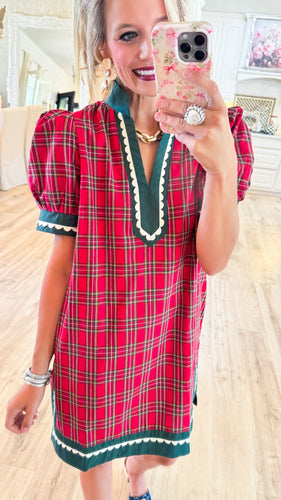 Red Plaid Scallop Trim Puff Sleeve Dress