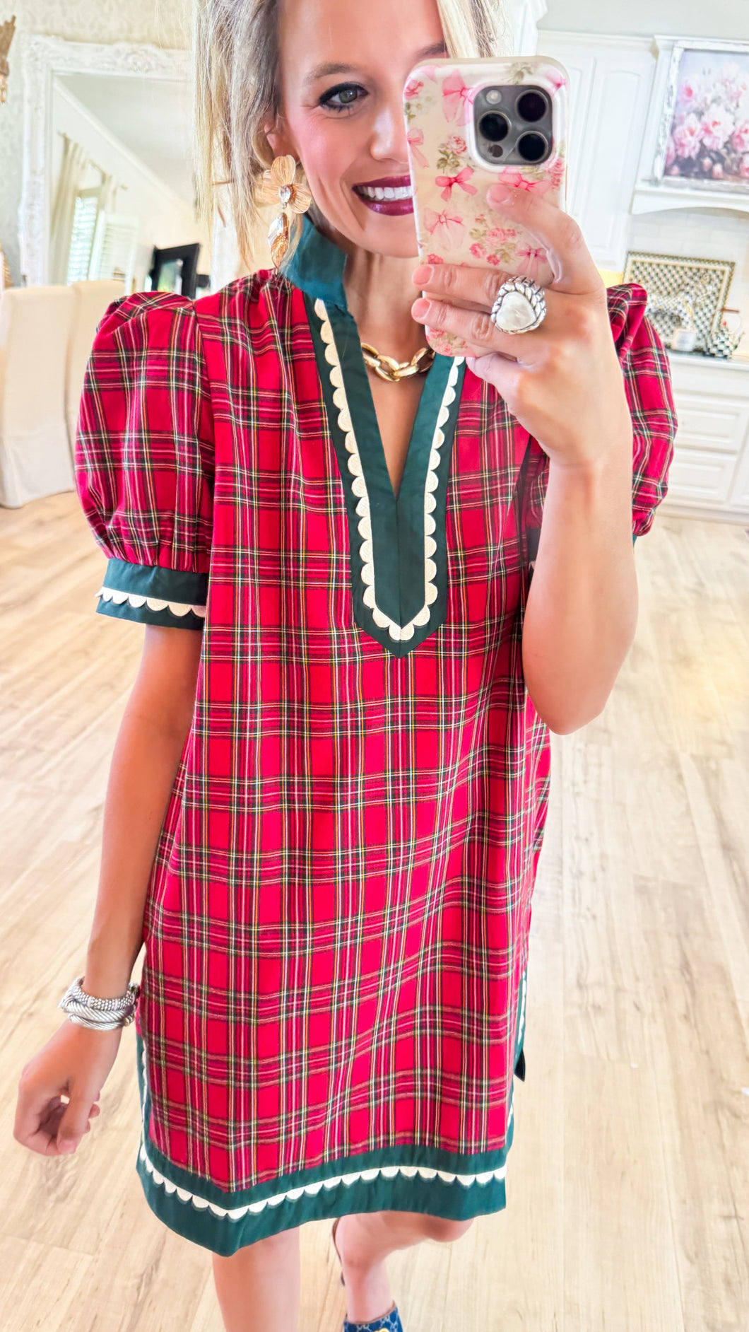 Red Plaid Scallop Trim Puff Sleeve Dress