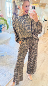 Brown Leopard Print Washed French Terry Pant Set
