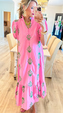 Pink and Green Botanical Embroidered Midi Dress