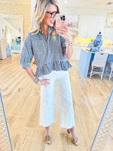 Navy Gingham Ruffle Hem Button Up