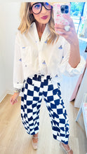 Navy Checkered Print Barrel Pants
