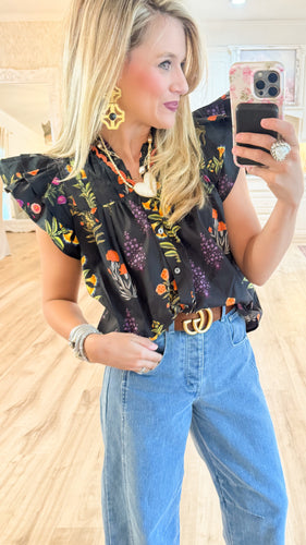 Black Flower Print Flutter Sleeve Top