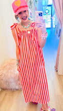 Punch and Coral Stripe Shoulder Tie Midi Dress