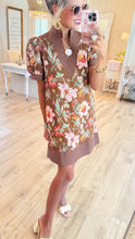 Brown Floral Puff Sleeve Mini Dress