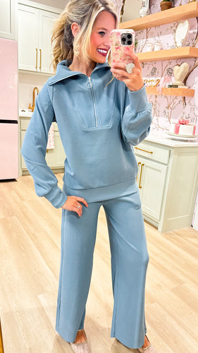 Blue Grey Ribbed Front Zip Pant Set