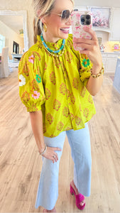 Chartreuse Floral Printed Embroidered Top