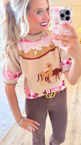THML Beige Western Knit Short Sleeve Blouse