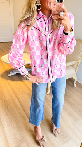 Pink Western Checkered Button Up Top