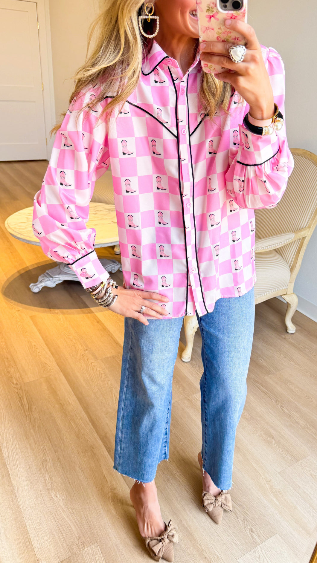 Pink Western Checkered Button Up Top