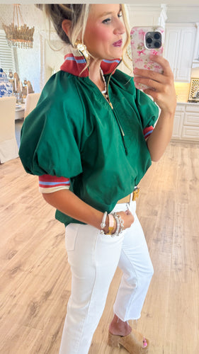 Hunter Green Accented Band Zip Up Top