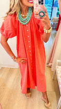 Coral Checkered Puff Sleeve Midi Dress