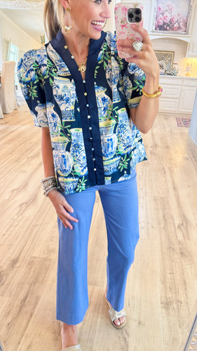 Navy Printed Puff Sleeve Button Up Top