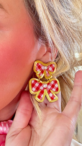 Red Gingham Double Bow Earrings