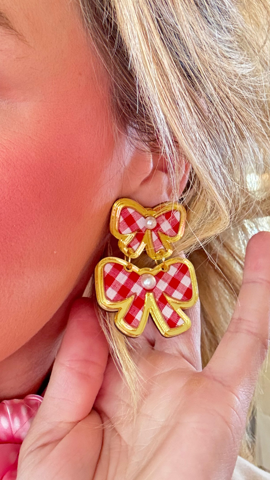 Red Gingham Double Bow Earrings