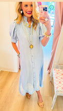Sky Blue Embroidered Button Up Midi Dress