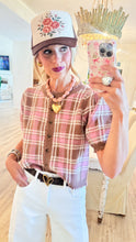 Camel and Pink Plaid Scallop Hem Cardigan