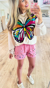Pink Denim Rainbow Crystal Shorts
