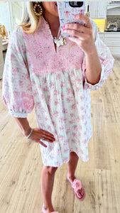 White and Pink Floral Embroidery Mini Dress