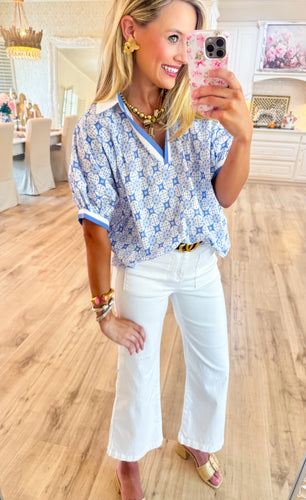 Chambray Printed Contrast Band Top