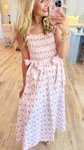 Pink and White Bow Printed Midi Dress