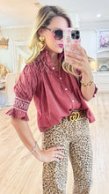 Red Stripe Contrast Stitching Button Up Top