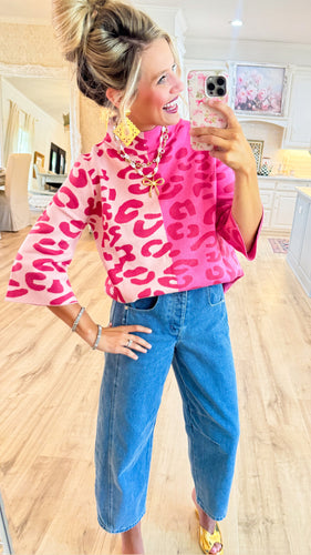 Pink Colorblock Leopard Pattern Sweater