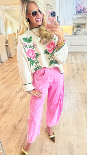 Ivory Rose Embroidered Knit Sweater